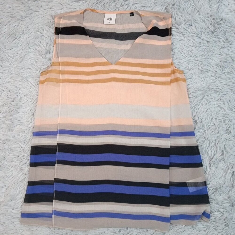 CAbi Sleeveless V-Neck Striped Blouse in Peach, Blue, Black